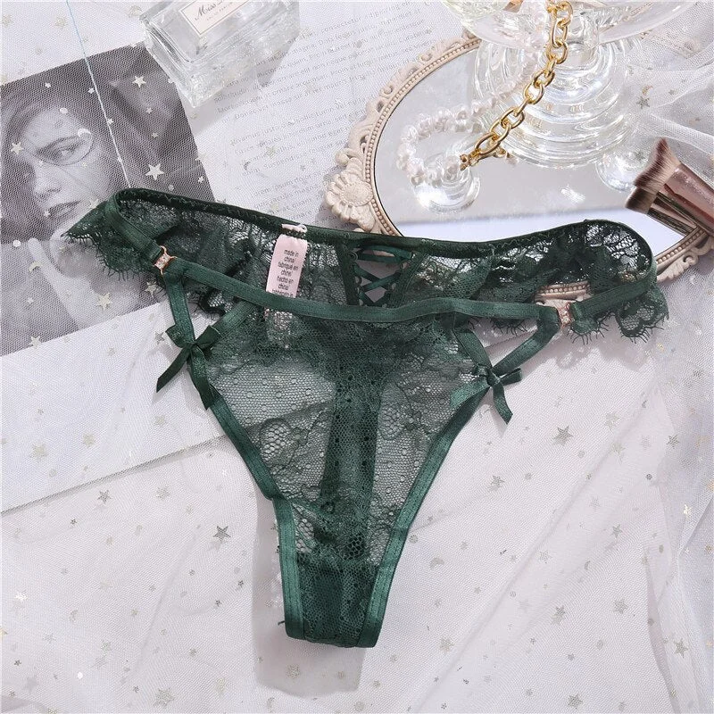 FINETOO Women Sexy Lace Lingerie Buckle Embroidery Thong Hollow out Women's Underwear T-back Sex Erotic Temptation Panty Femme