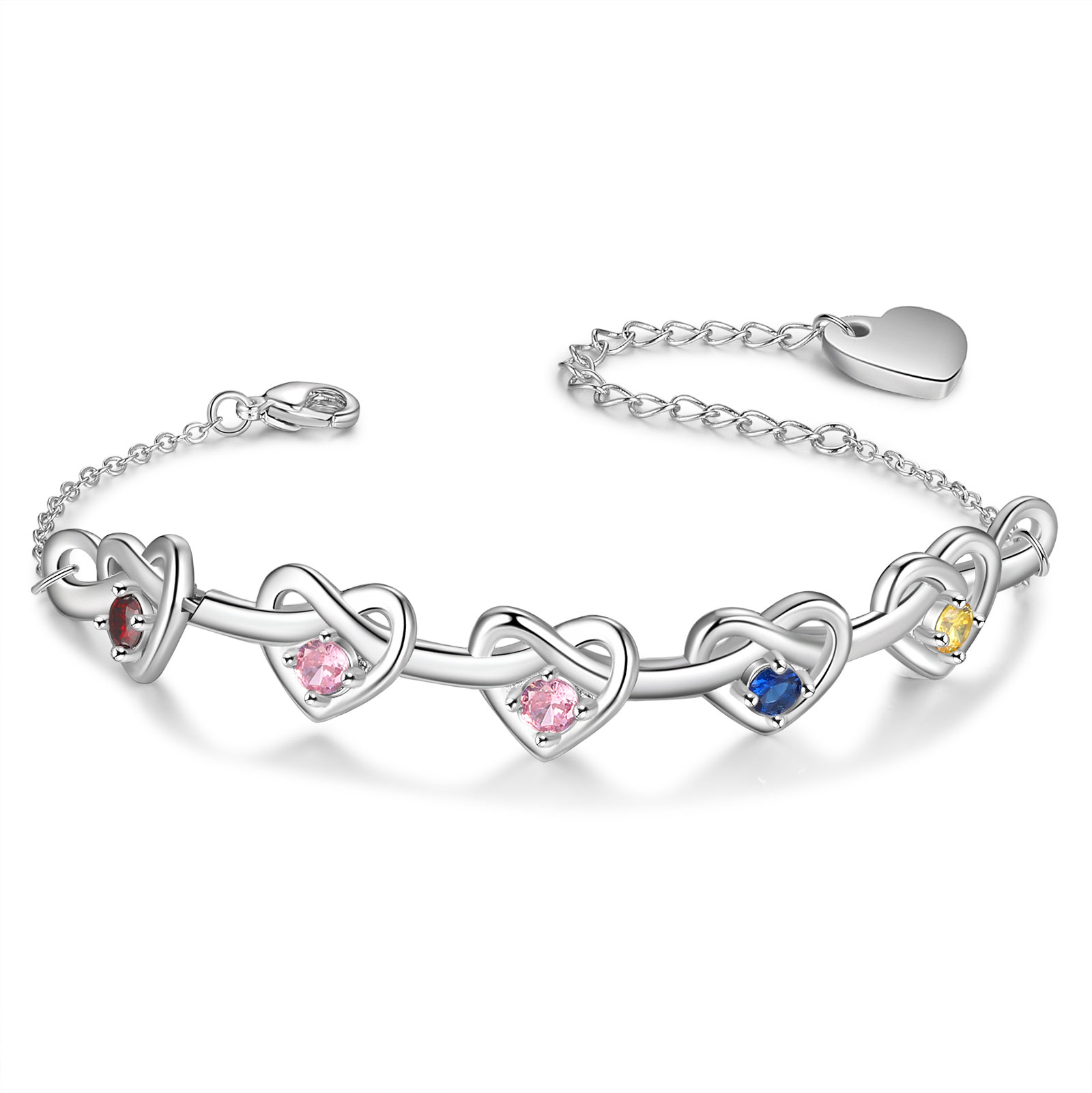 5 Names - Personalized Linked Heart Bracelet Custom 5 Birthstones Engraved Text Bracelets- Mother's Day Gift for Mom/Grandma