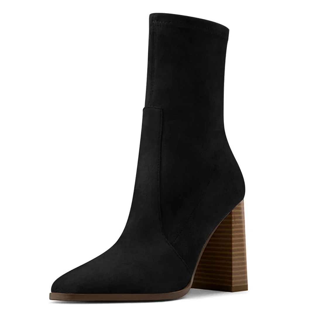 Faux Suede Square Toe Block Heeled Comfy Ankle Boots in Black