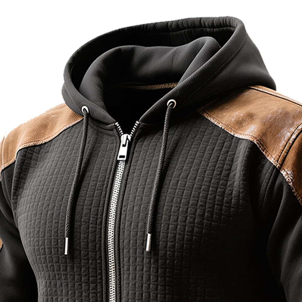 Men's Vintage Black And Brown Quilted Hoodie With Contrast Sleeves