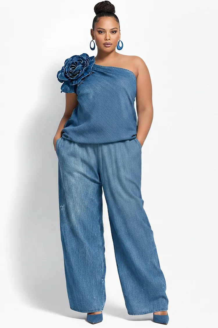 Xpluswear Design Plus Size Business Casual Casual Blue One Shoulder Pocket 3D Tencel Denim Two Piece Pant Sets [Pre-Order] 2024 - Xpluswear