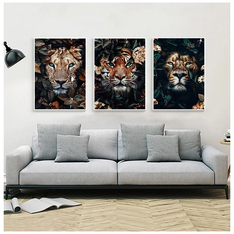 Flower Animal Lion Tiger Deer Leopard Abstract Canvas Painting Wall Art Nordic Print Poster Decorative Picture Living Room Decor