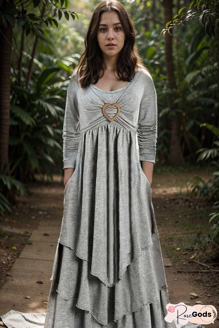 plus size elegant dress women s plus plain long sleeve layered heart ring decor round neck maxi dress