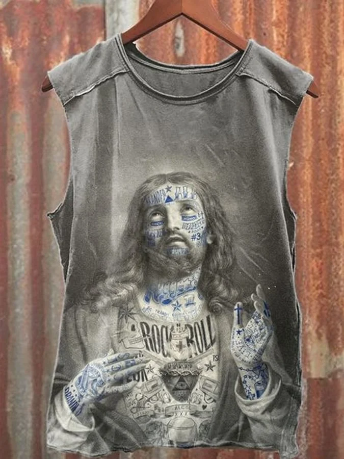 Unisex Retro Pop Art Illustration Jesus Print Casual Cotton Vest