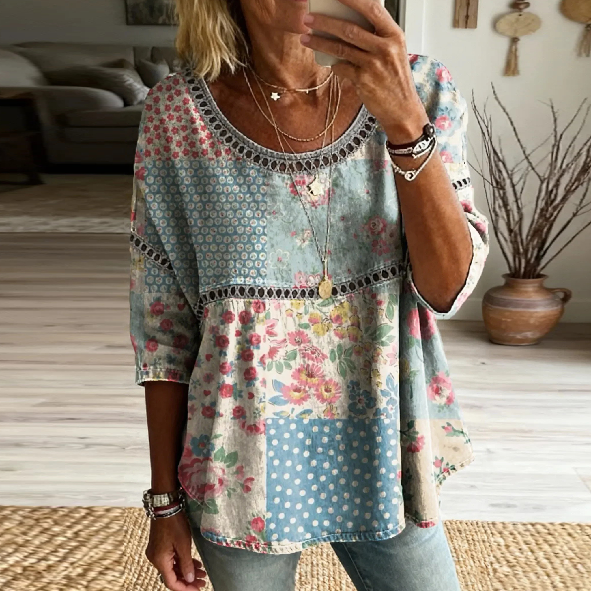Comstylish Women's Retro Floral In Patchwork Art Print Flowy Linen Blend Casual Tops
