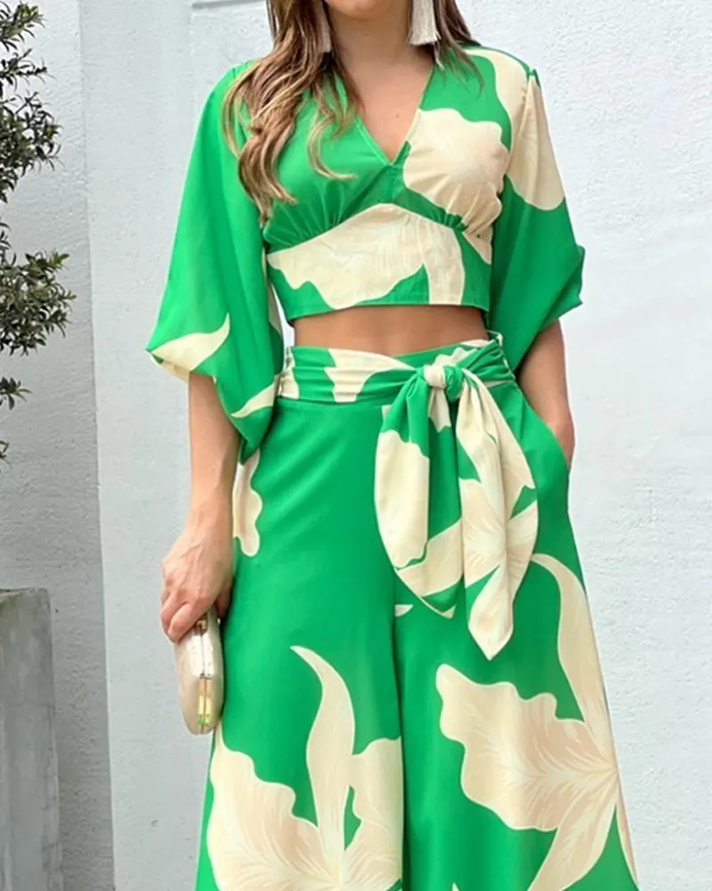 Checkered Slit High-Low Round Neck Top and Wide Leg Pants Set main image 0