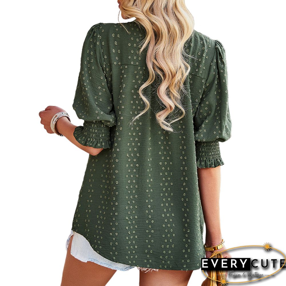 Green V Neck Jacquard Half Sleeve Blouse