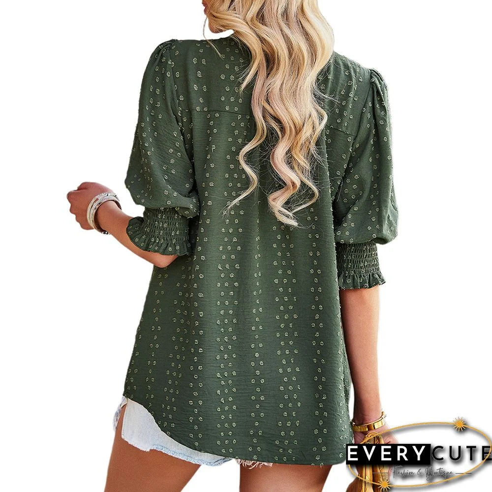 Green V Neck Jacquard Half Sleeve Blouse