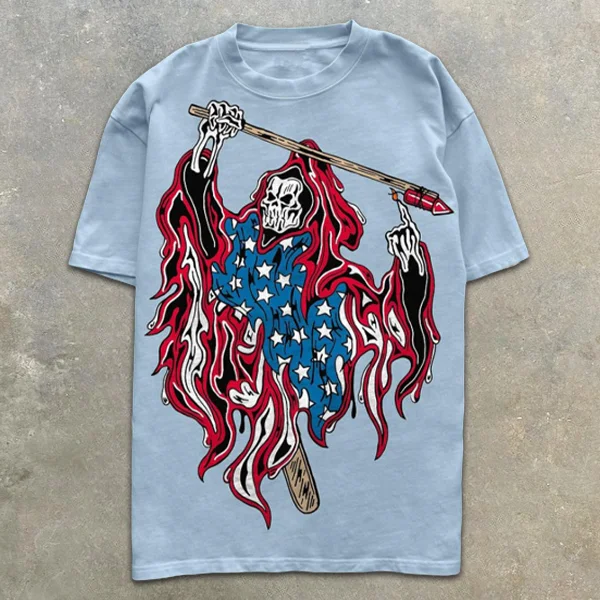 American Flag Skull Graphic Print Short Sleeve T-Shirt