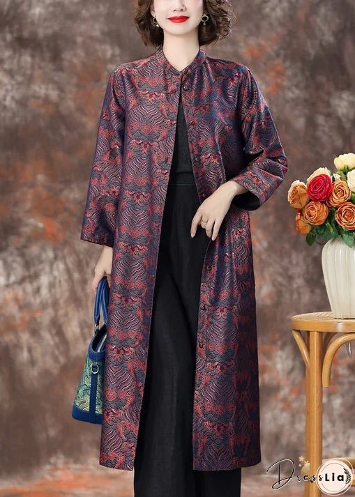 Purple Pockets Silk Coats Stand Collar Long Sleeve