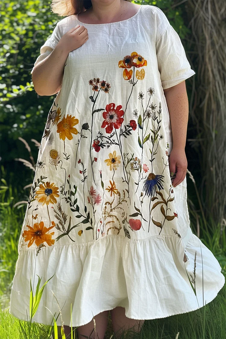 Flycurvy Plus Size Casual White Wildflowers Print Scoop Neck Tiered Linen Tea-Length Dress  Flycurvy [product_label]