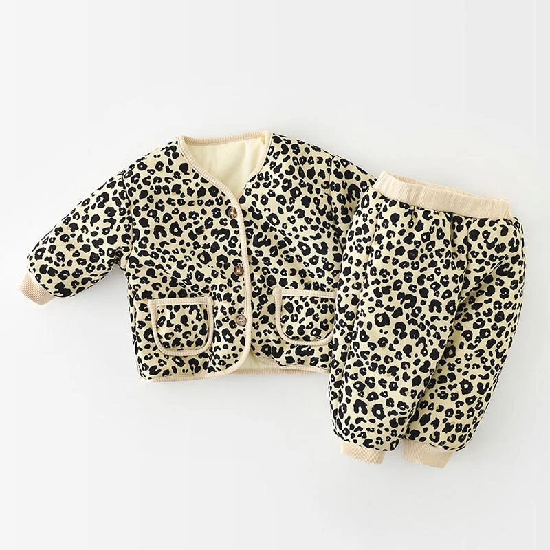 MILANCEL 2021 Winter Baby Clothing Set Fur Lining  Boys Parkas Set Leopard Girls Parkas and Fur Lining Pants 2 Pcs Suit