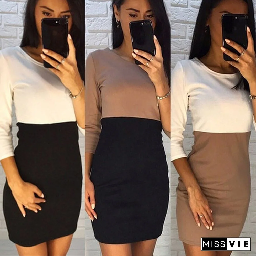 Women Fashion Patchwork Long Sleeve O-Neck Pullover Tunic Package Hip Mini Bodycon Dress