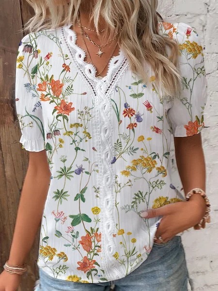 Slimhernow Summer V-neck Lace Patchwork Printed Shirt For Women 2025 Elegant Office Lady Short Sleeve Flower Print Pullover Blouses Femme