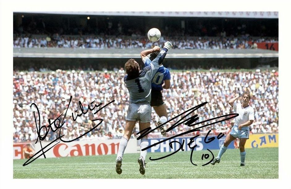 DIEGO MARADONA & PETER SHILTON HAND OF GOD AUTOGRAPH SIGNED Photo Poster painting POSTER PRINT