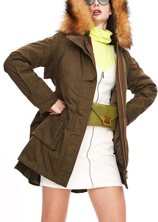 Beautiful Army Green hooded Raccoon hair collar tasseled drawstring Winter Duck Down Jacket CK129- Fabulory