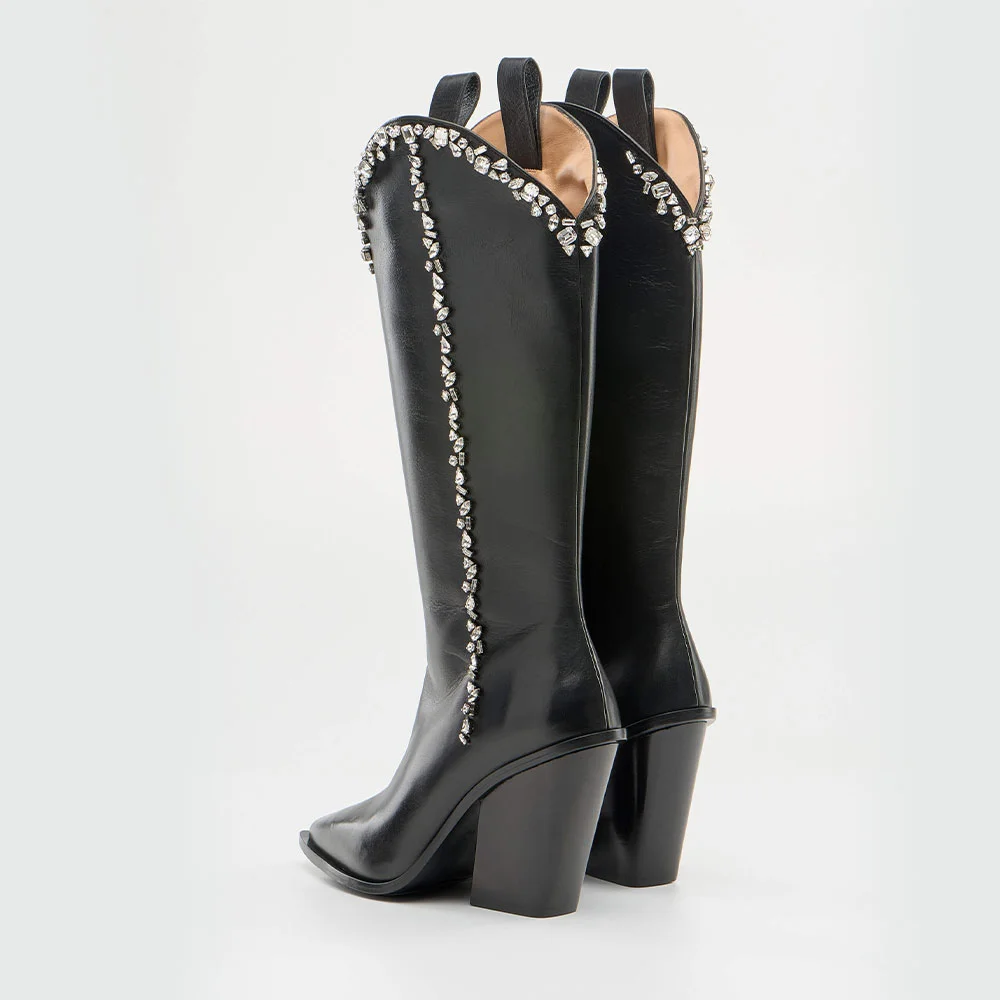 Black Pointed Toe Chunky Heel Knee High Cowgirl Boots with Rhinestone