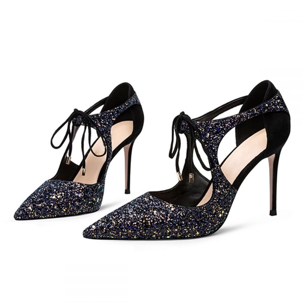 Women's Glitter Evening Pumps Lace Up Pointed Toe Sparkling Heels Nicepairs