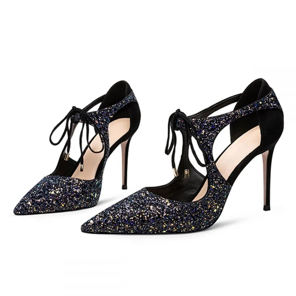Black Sparkly High Heels Pointed Toe Pumps Nicepairs