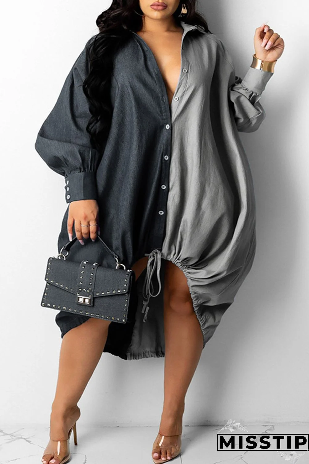 Grey Fashion Casual Plus Size Solid Patchwork Asymmetrical Turndown Collar Shirt Dress