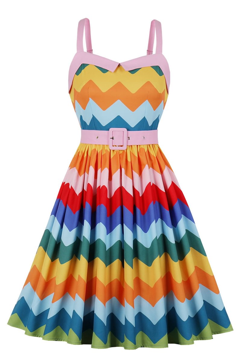 1950s Cami Colorful Wave Striped Waist MidI Dresses