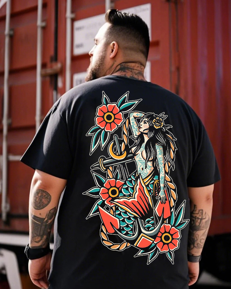 Men's Plus Size Street Fashion Anchor And Mermaid Print Round Neck Short Sleeve T-Shirt