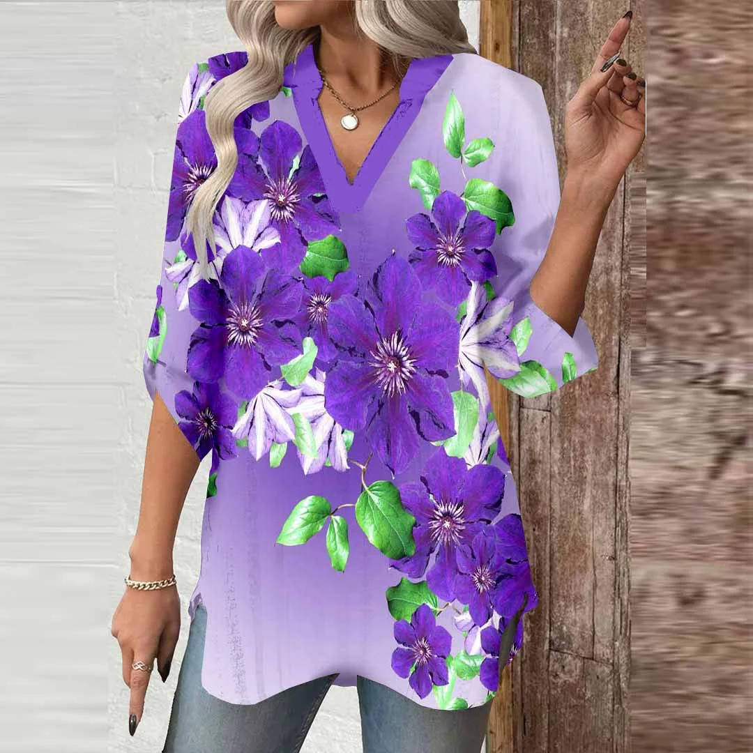 Women Floral, Green, Purple DZGA0750 3/4 Sleeve V-neck Printed Graphic Button Tops