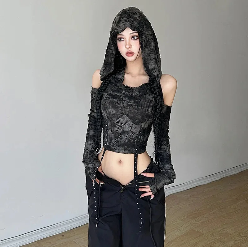 Brownm Off Shoulder Hooded Top