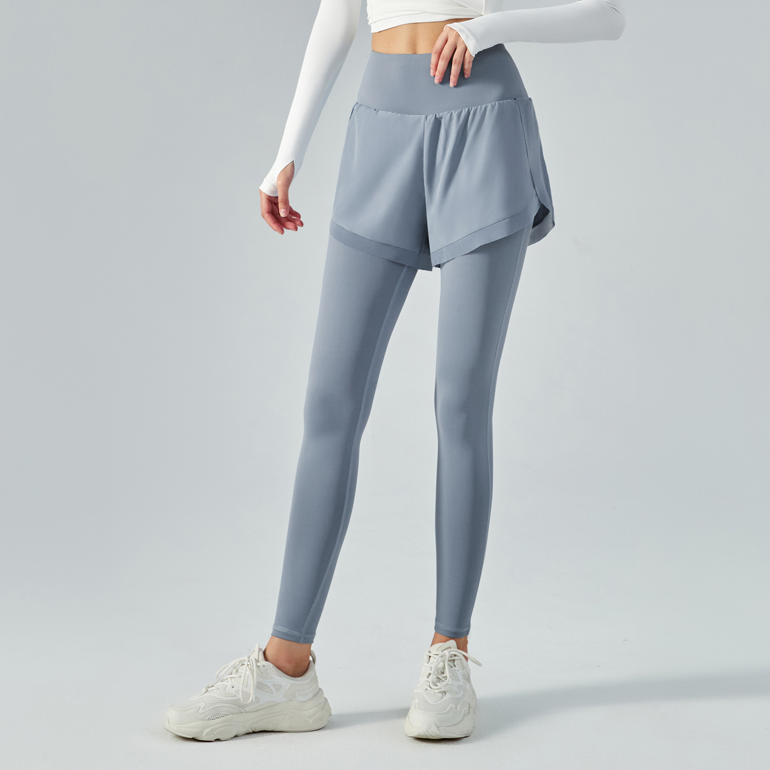 Buy Hergymclothing Haze Blue fake 2 pieces high waist butt lifting pocket yoga leggings with shorts online