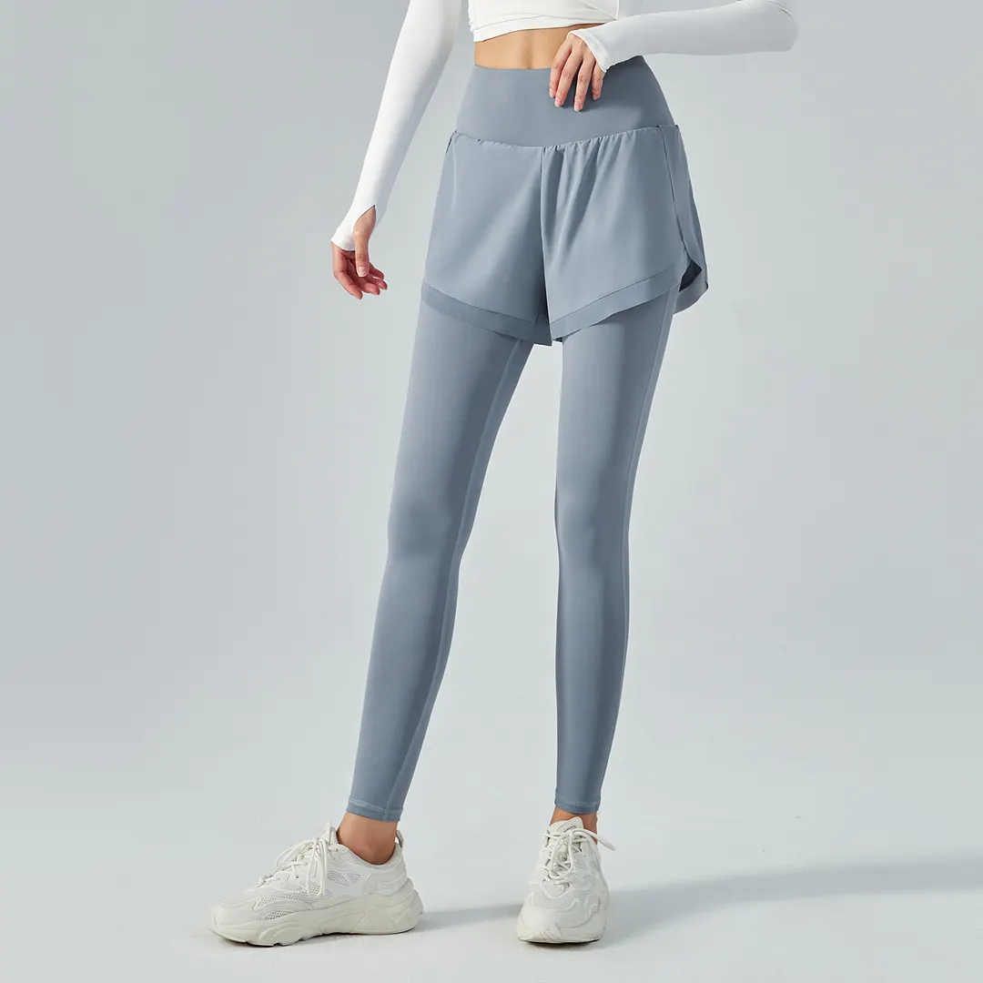 Buy Hergymclothing Haze Blue fake 2 pieces high waist butt lifting pocket yoga leggings with shorts online