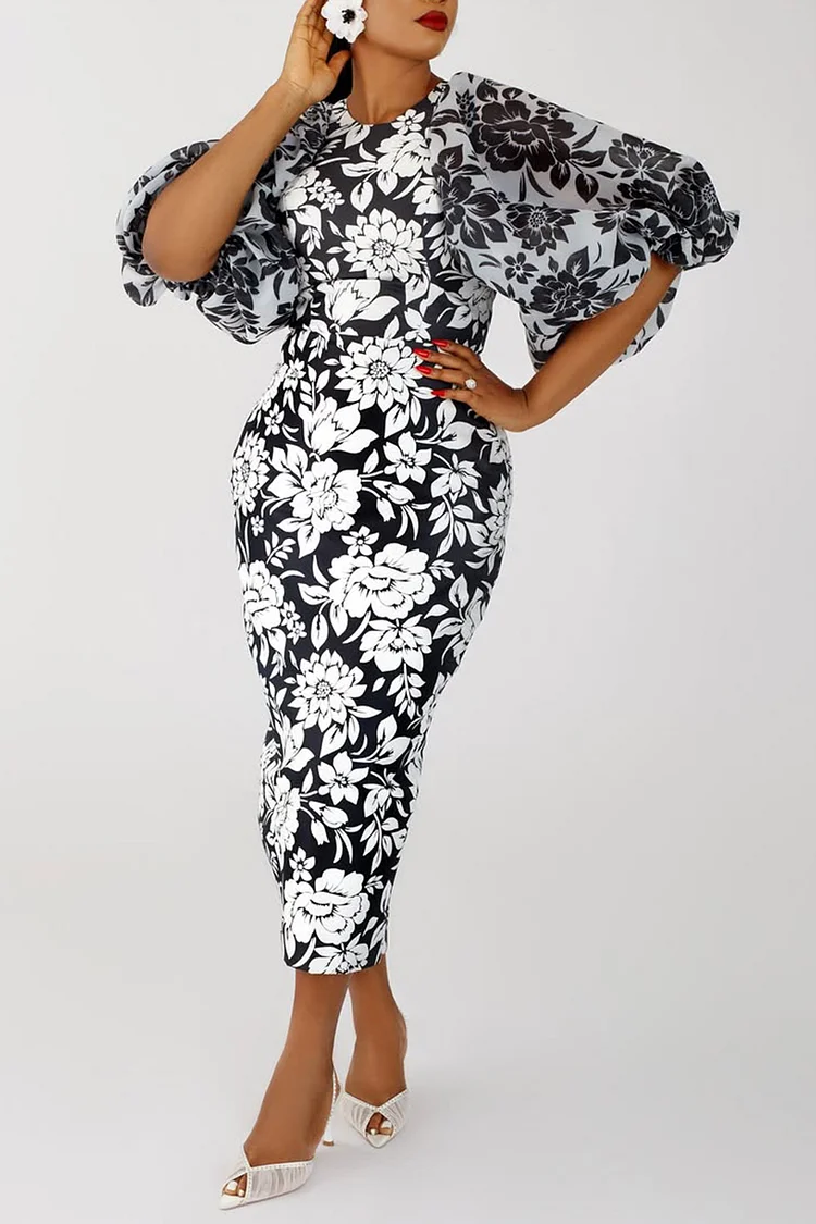 Plus Size Cocktail Party White Floral Round Neck Lantern Sleeve Short Sleeve Bodycon Elegant Split Midi Dresses 2024 - Xpluswear