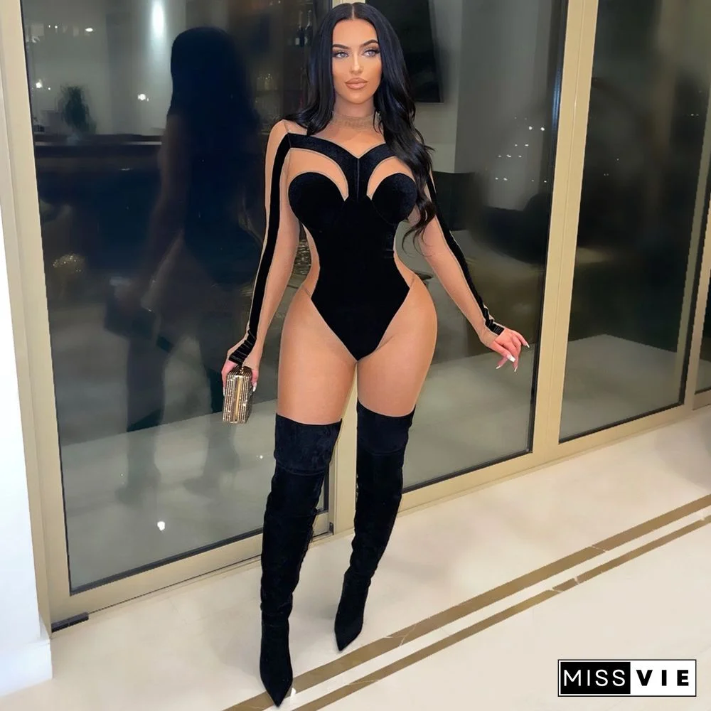 Sheer Mesh Patchwork Velvet Skinny Jumpsuit