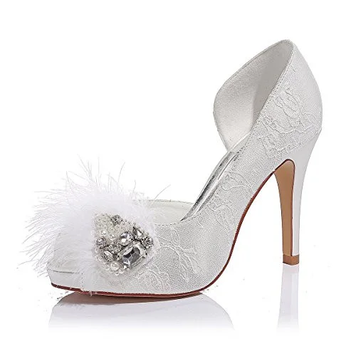 White Bridal Shoes Platform Lace Heels with Rhinestones for Wedding |FSJ Shoes