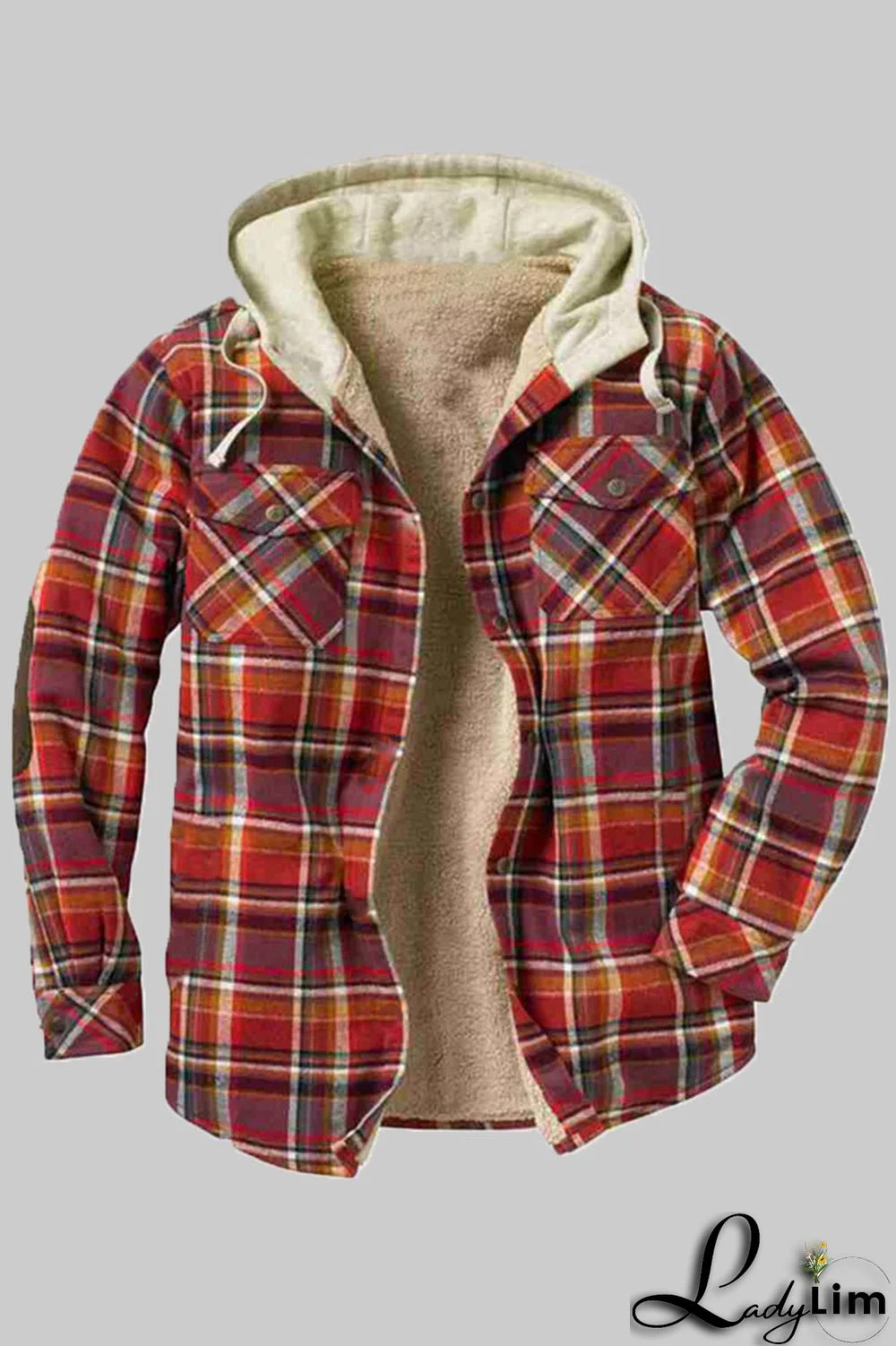 Red Fashion Casual Plaid Patchwork Hooded Collar Outerwear