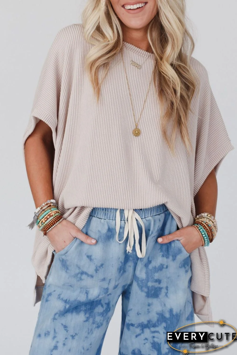 Apricot Ribbed Knit Batwing Sleeve Tunic Oversized T Shirt