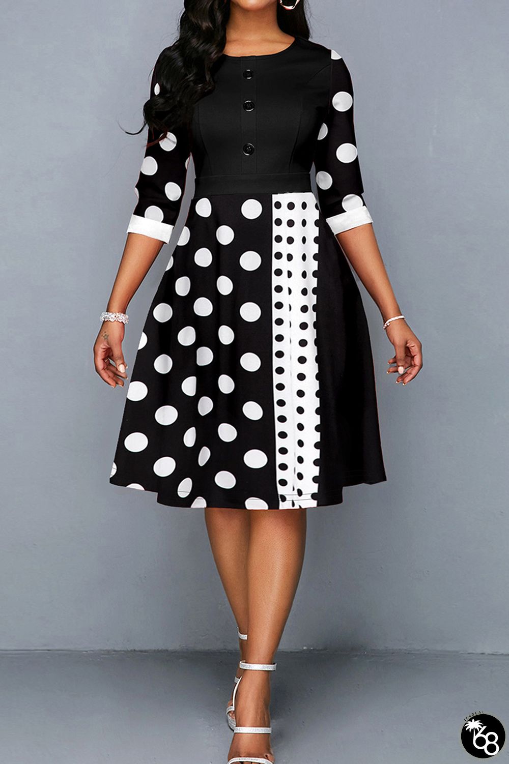 Elegant Dot Patchwork Buckle Zipper O Neck A Line Dresses | 168DEAL