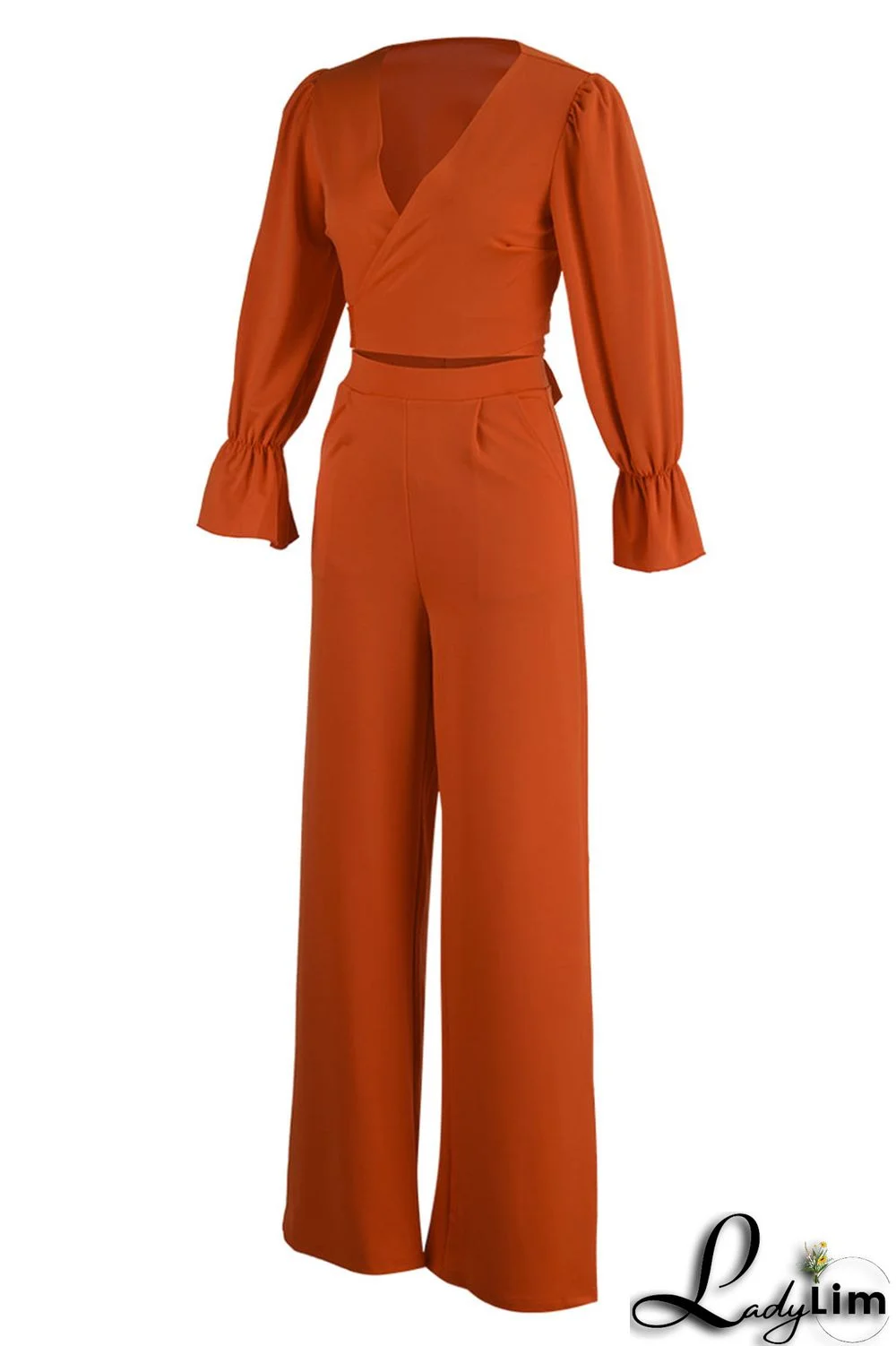 Tangerine Casual Solid Patchwork V Neck Long Sleeve Two Pieces