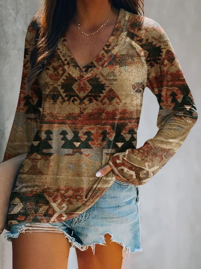 Vintage Ethnic Print V-Neck Long Sleeve T-Shirt