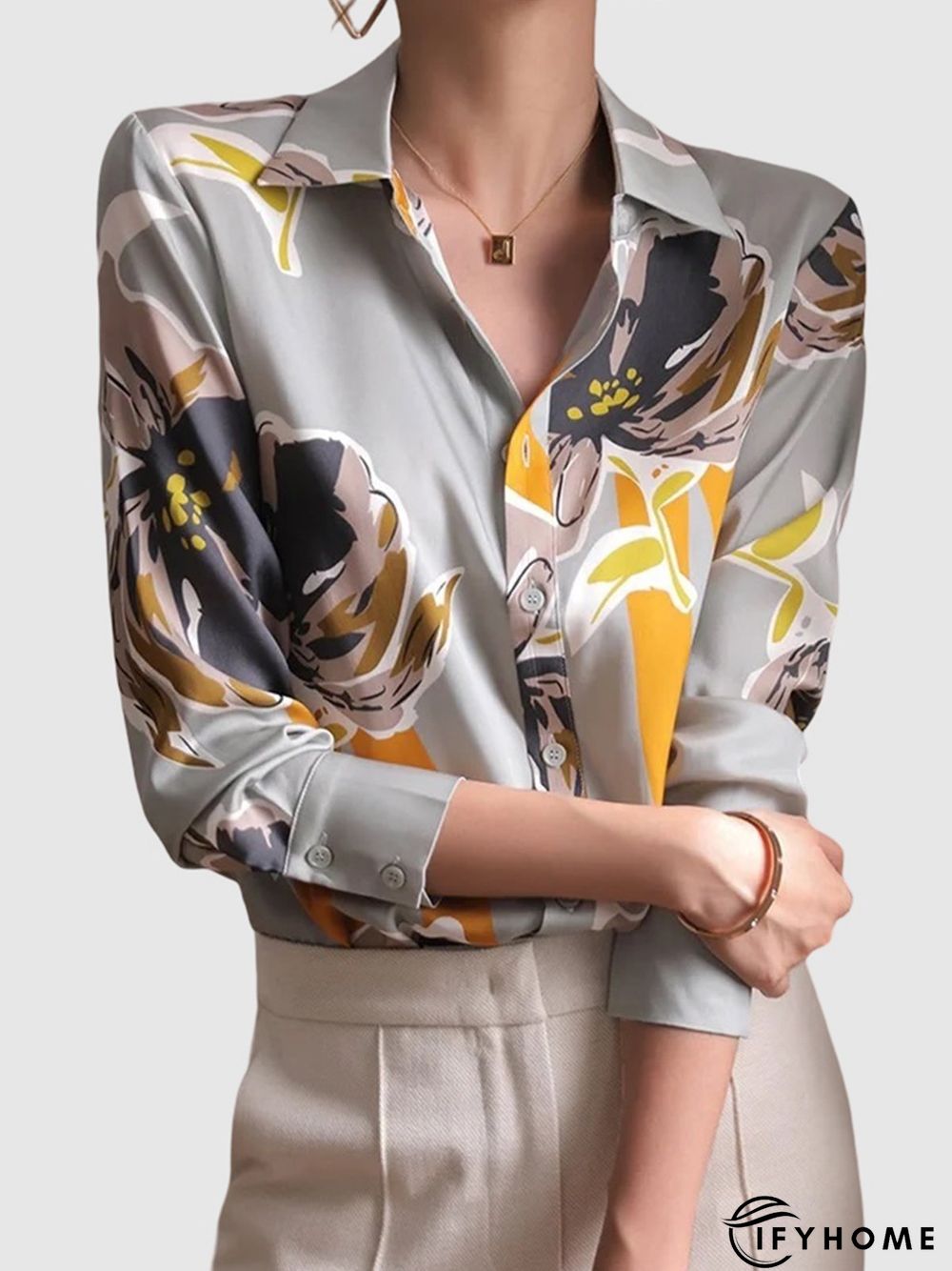 Elegant Floral Shirt Collar Long Sleeve Blouse | IFYHOME