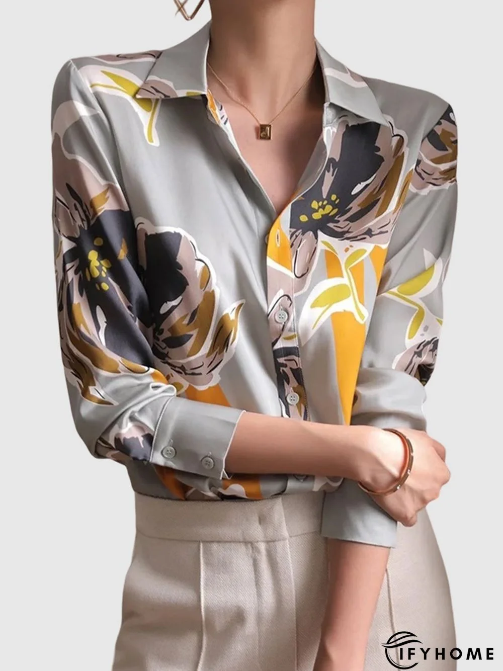 Elegant Floral Shirt Collar Long Sleeve Blouse | IFYHOME