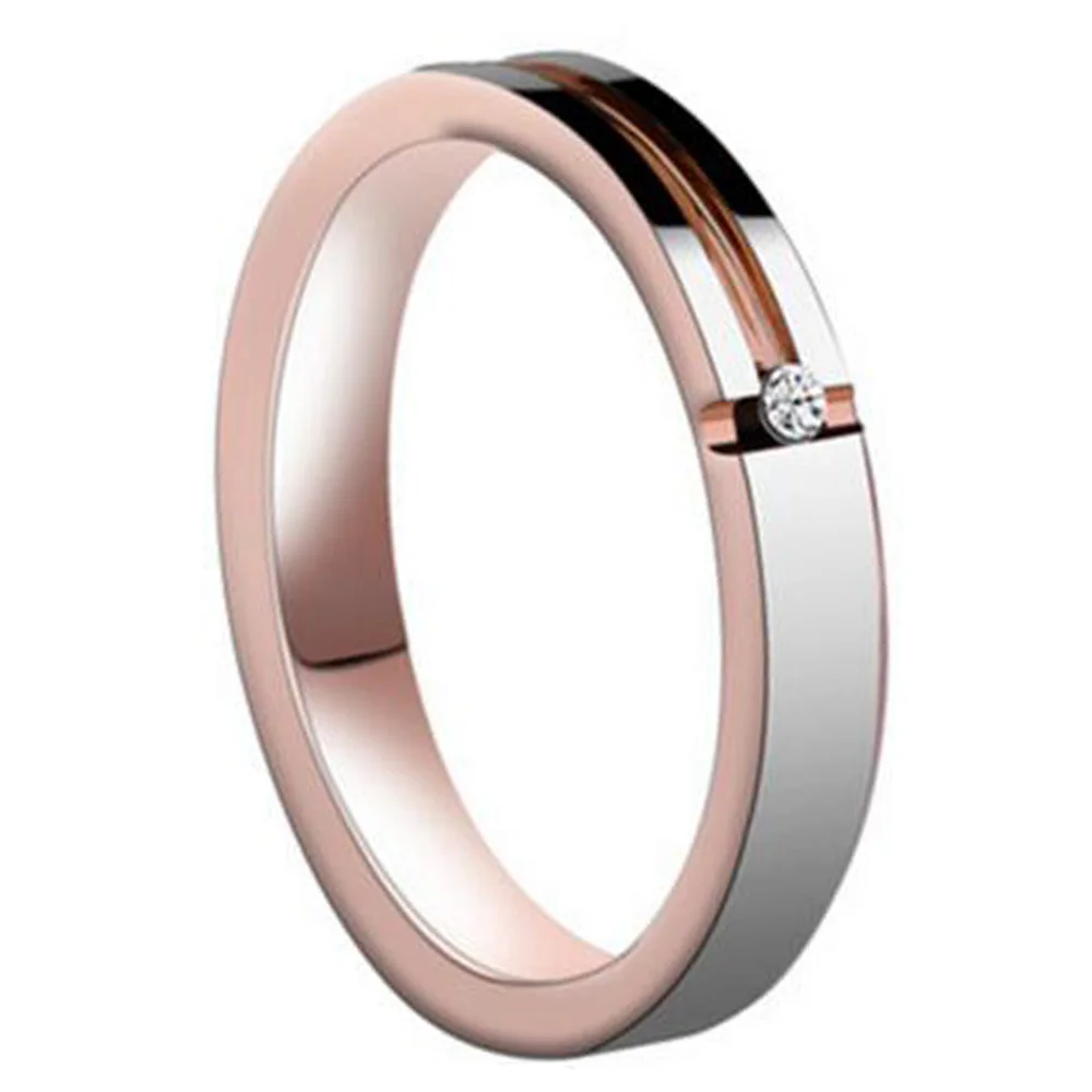 4MM 6MM Couples Groove Tungsten Rose Gold Wedding Bands With CZ Diamond
