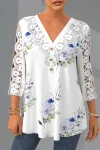 Plus Size Lace Patchwork V Neck Floral Print Blouse
