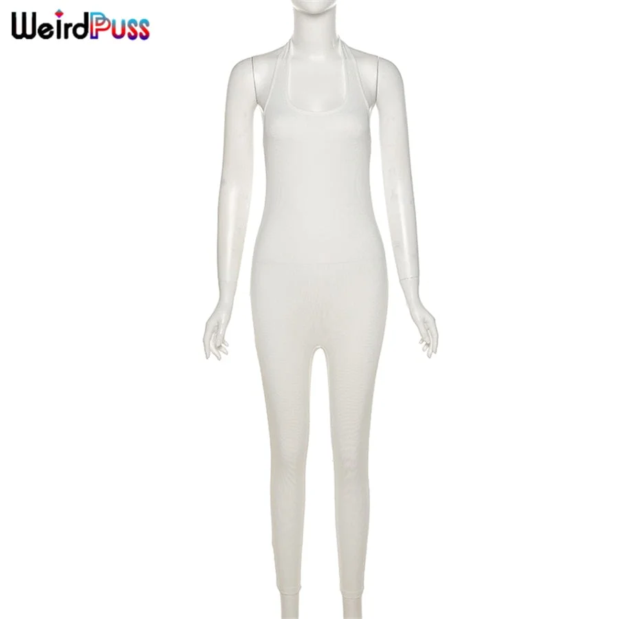 Weird Puss 2021 Spring Overalls For Women Halter Sexy Romper Ribbed Skinny Stretchy Sporty Fitness Backless Playsuits Outfits