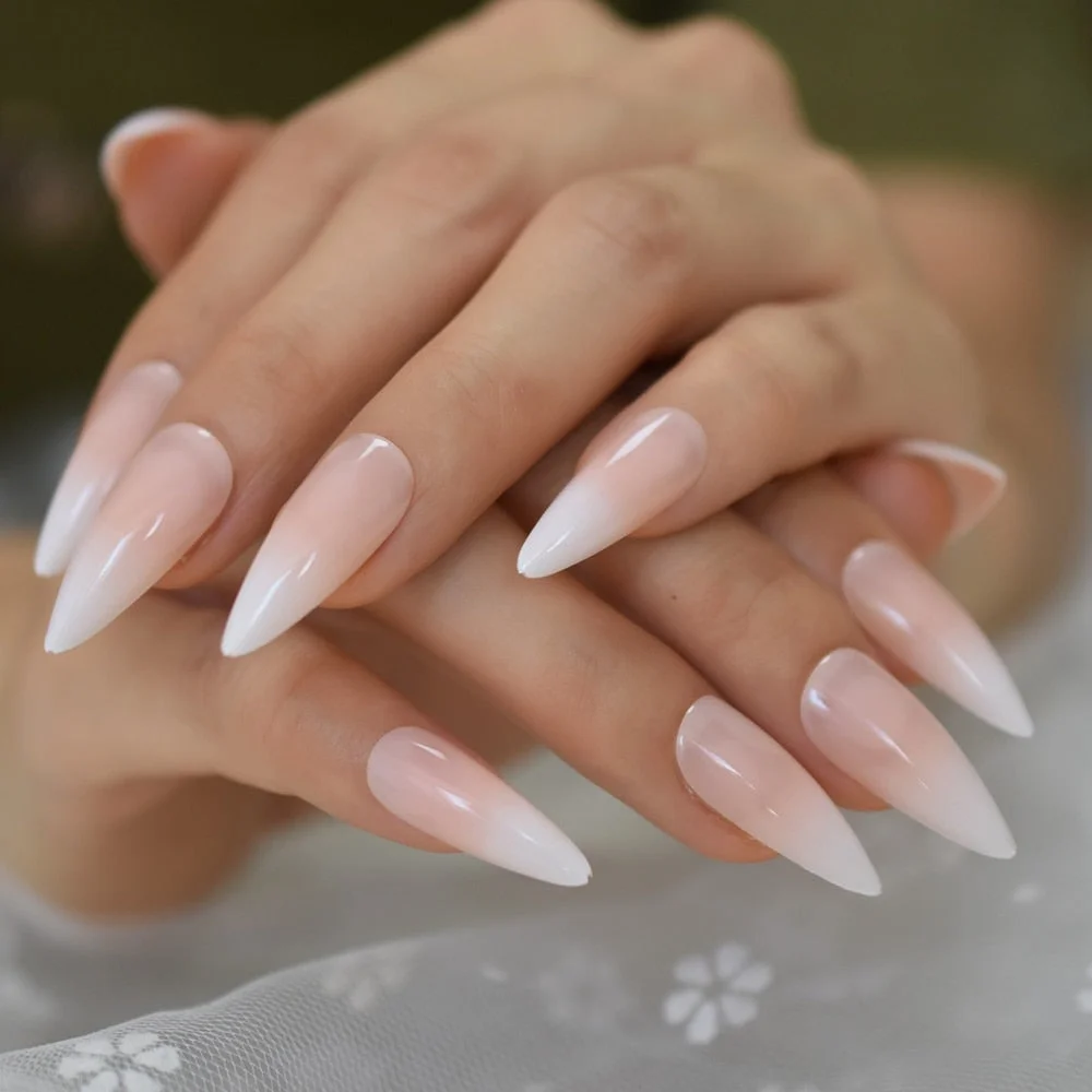 Extremely Pointed Faux Ongles White Ombre Nude French Nail Tips Long Stiletto ABS Gel Designed Fingernail set 24 Ct