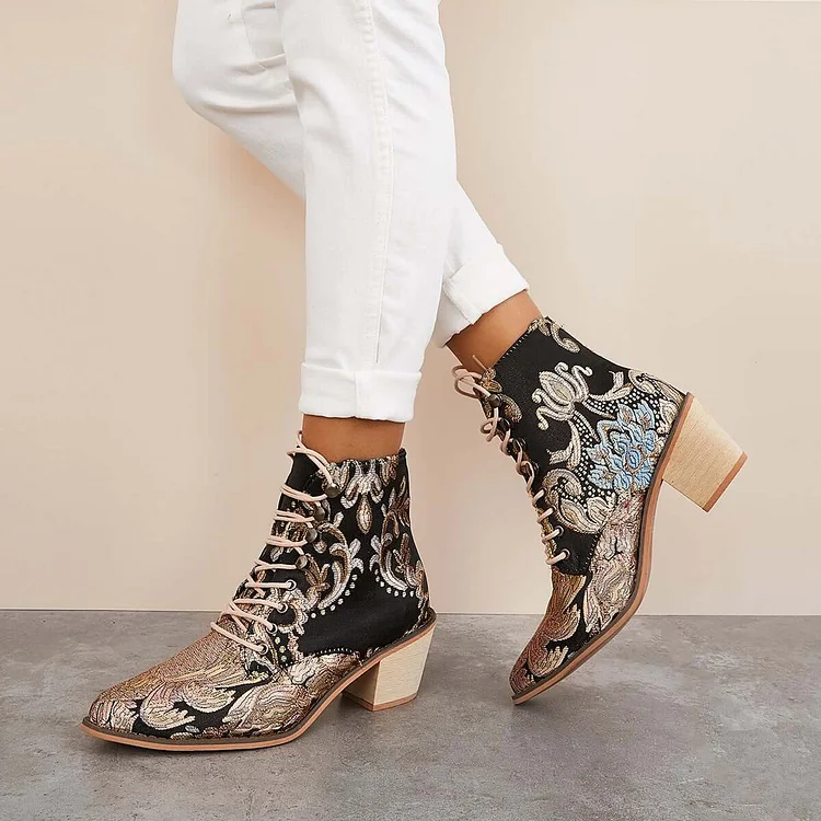 HUXM Retro Embroidered Cowboy Ankle Boots Block Heel Western Booties