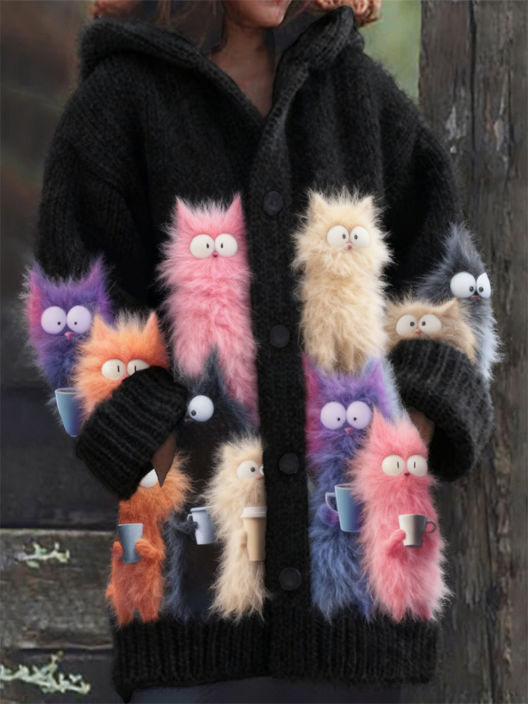 Funny Colorful Cats With Coffee Cups Fuzzy Cozy Hooded Cardigan elevenforest