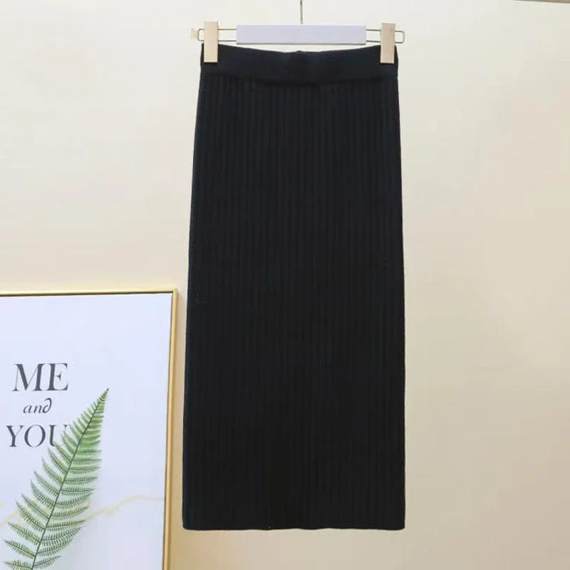 Zoki Winter Women Sweater Skirt New 2021 Knitted Midi Skirts Korean Elastic High Waist Elegant Autumn Split Fork Black Faldas