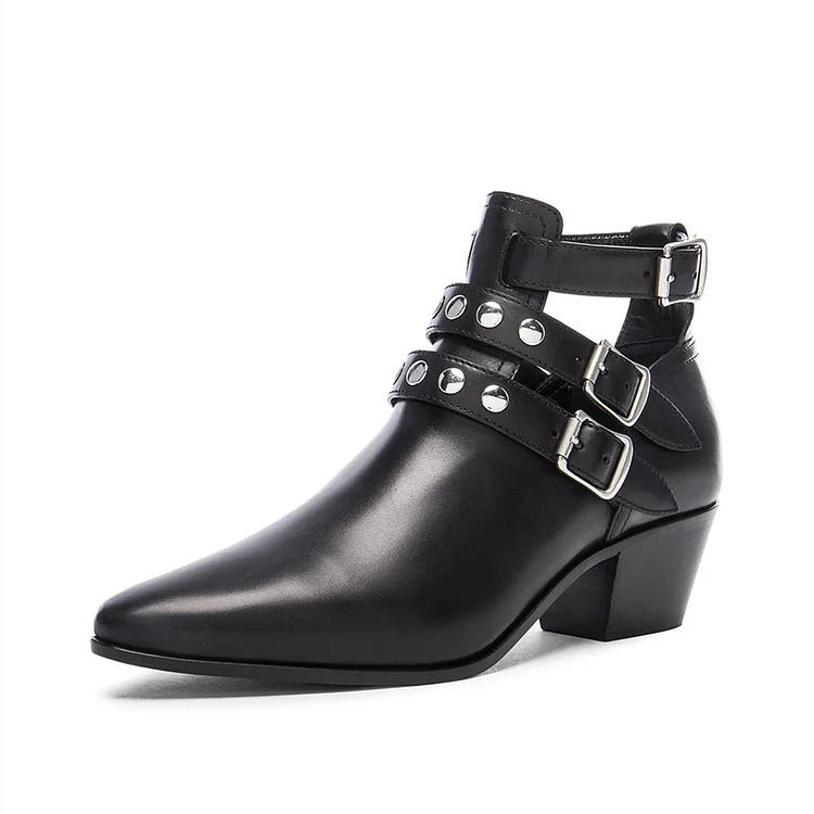 Black Chunky Heel Cut Out Vegan Leather Studs Ankle Boots |FSJ Shoes