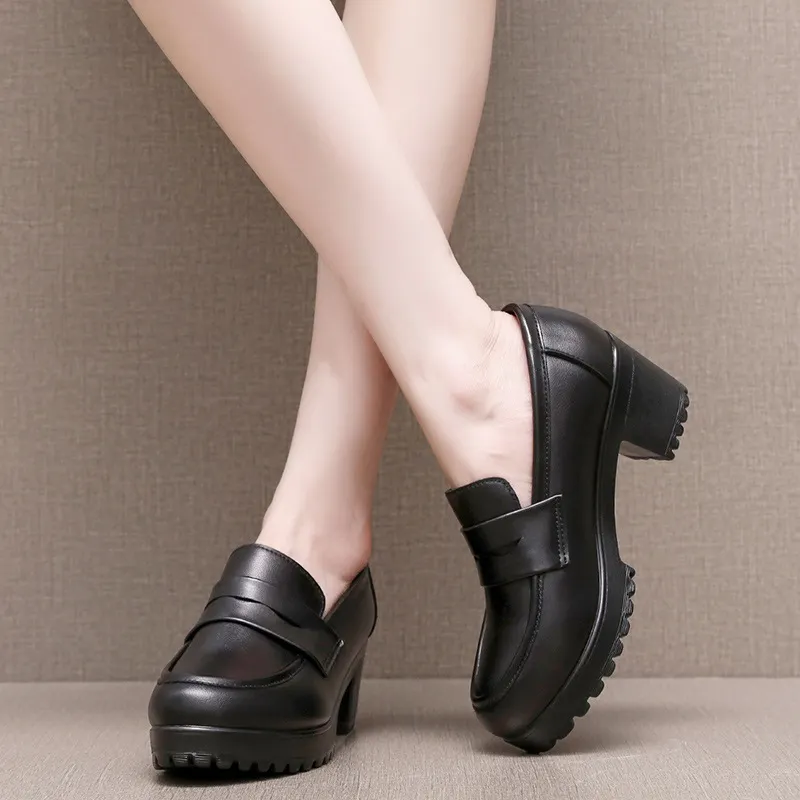 Breakj Breakj Lefu Shoes Women's Spring And Autumn Women's Shoes Coarse Heel Waterproof Platform British Small Leather Shoes Retro Black One-Legged Single Shoes