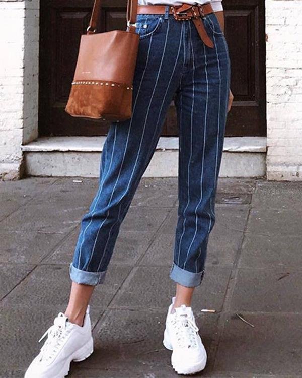 women button stripe fashion jeans pants p98233